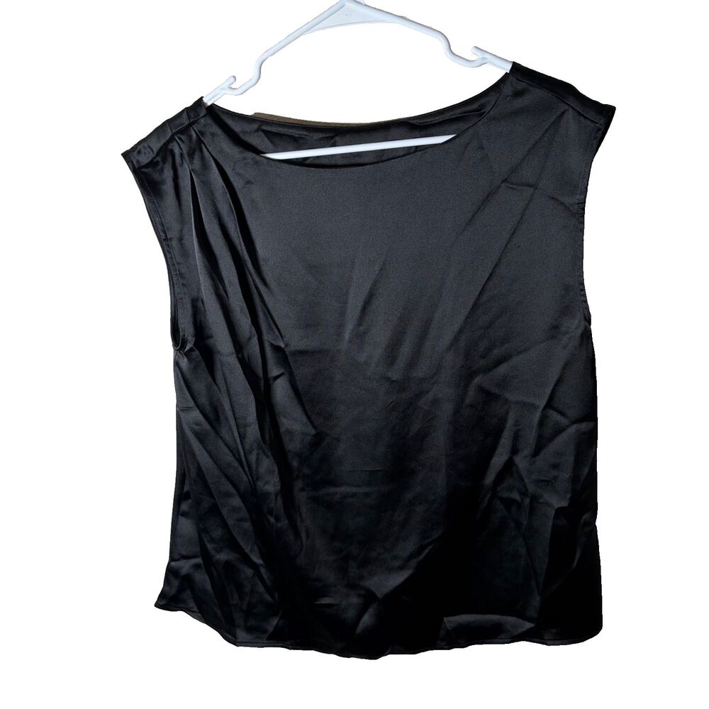 Loft Blouse Women's Medium Black Cap Sleeve Boat Neck Satin Shirt Top Casual